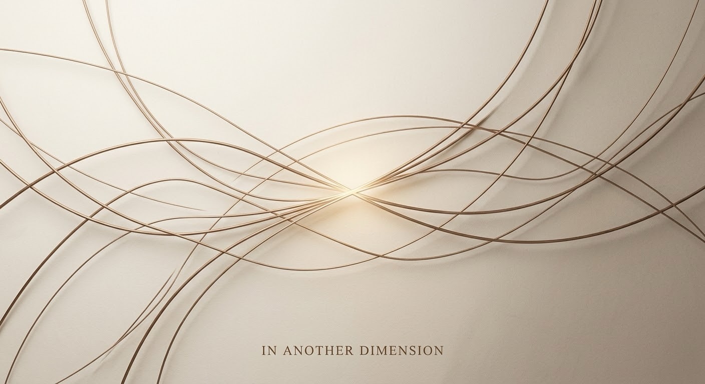 Bronze lines sweeping across a warm plaster wall, converging at a single point of light