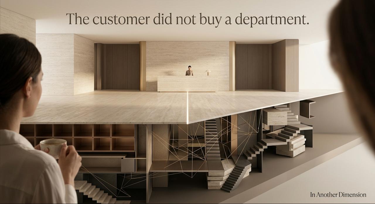 A customer with a cup stands before a service counter, over the line: The customer did not buy a department.