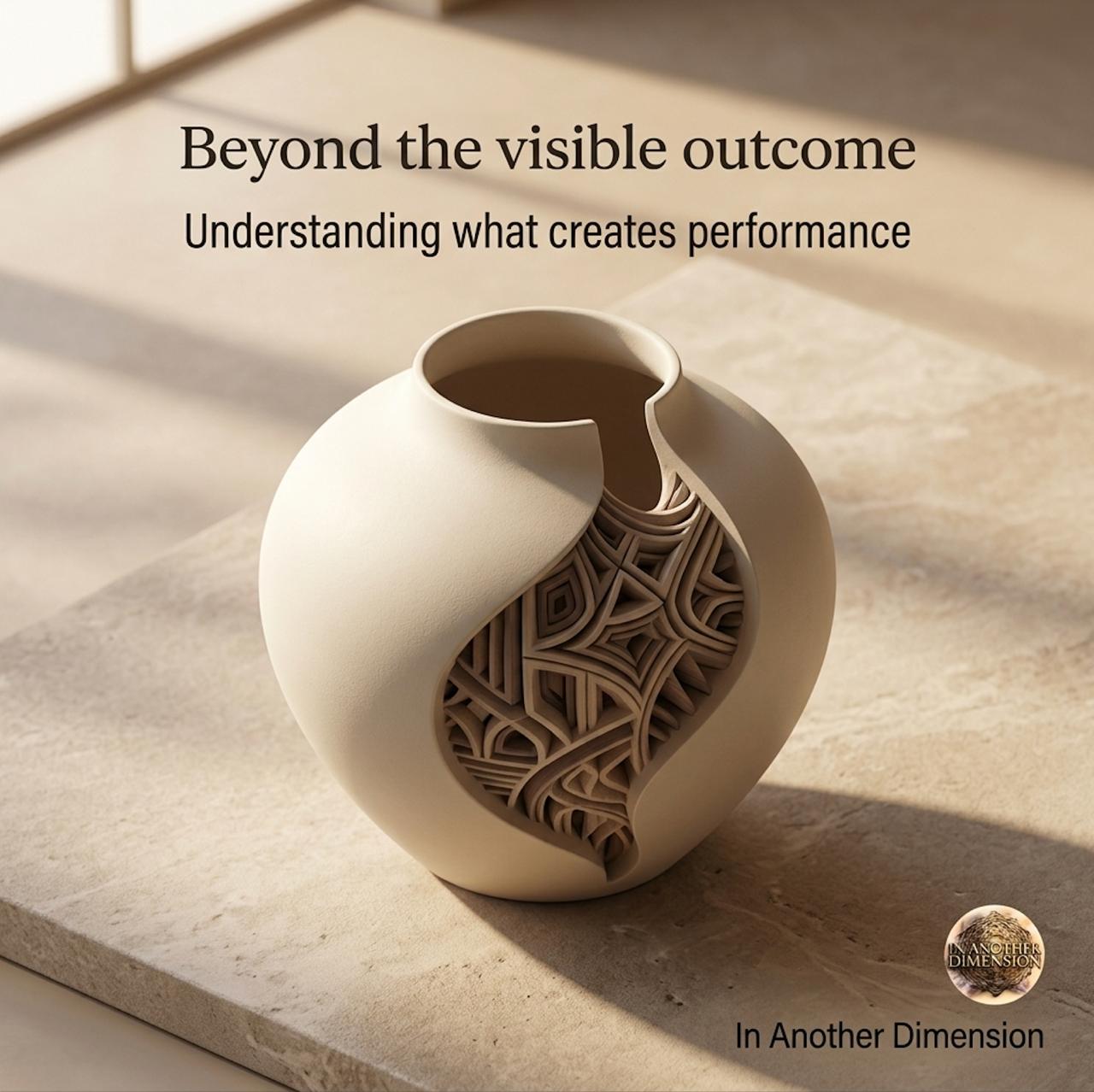 A ceramic vase with a carved opening reveals an intricate inner structure, under the line: Beyond the visible outcome.