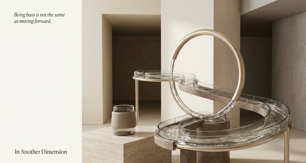 A glass and brass water sculpture on a travertine plinth in a quiet, warm interior